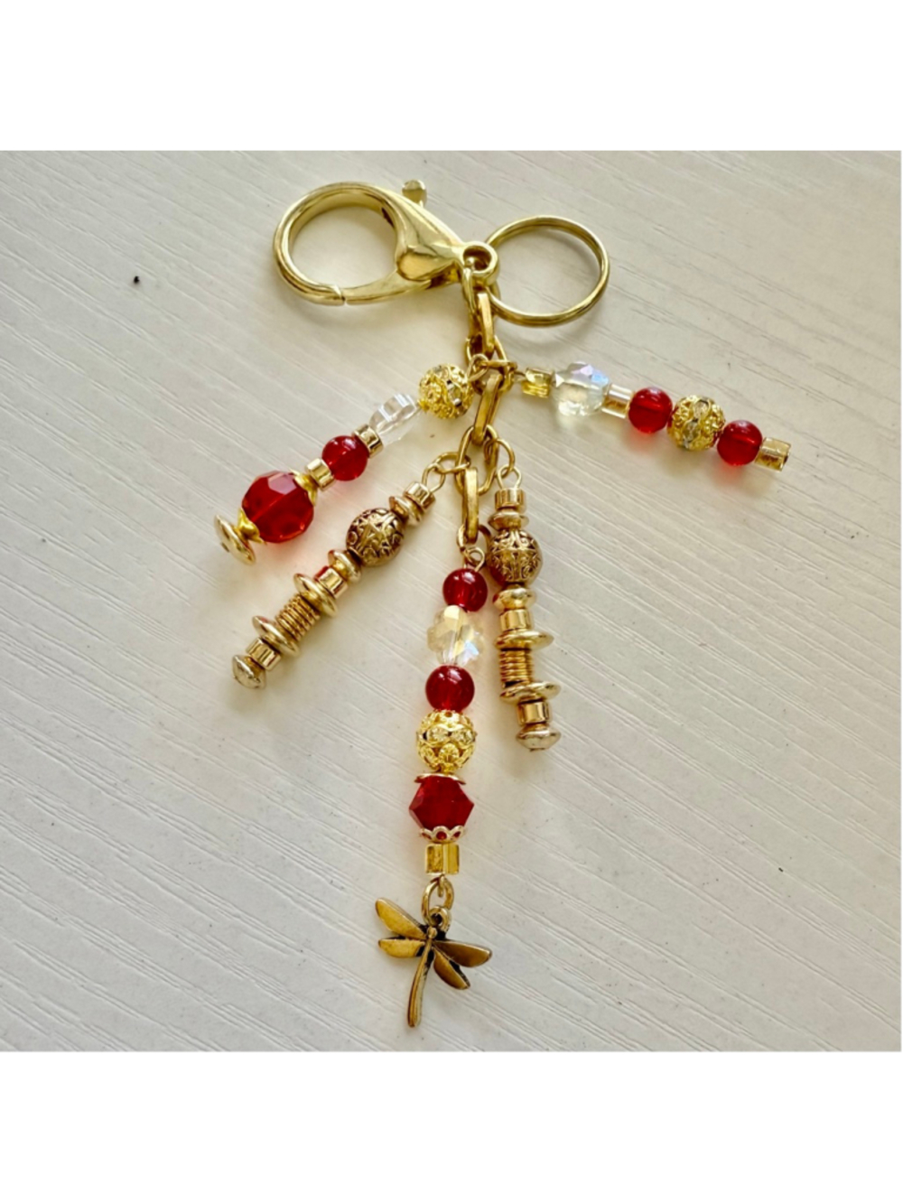 NEW Red Dragonfly Bag Charm Keychain Crystal Beaded Handmade One of a Kind - Picture 3 of 3